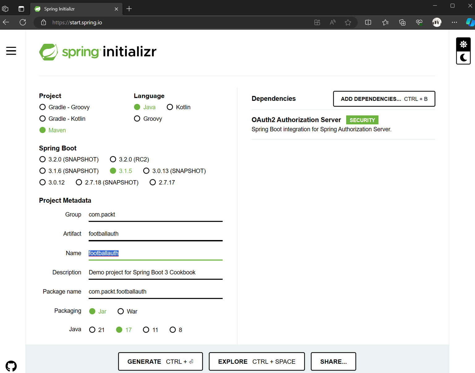 Figure 2.1: Spring Initializr options for Spring Authorization Server