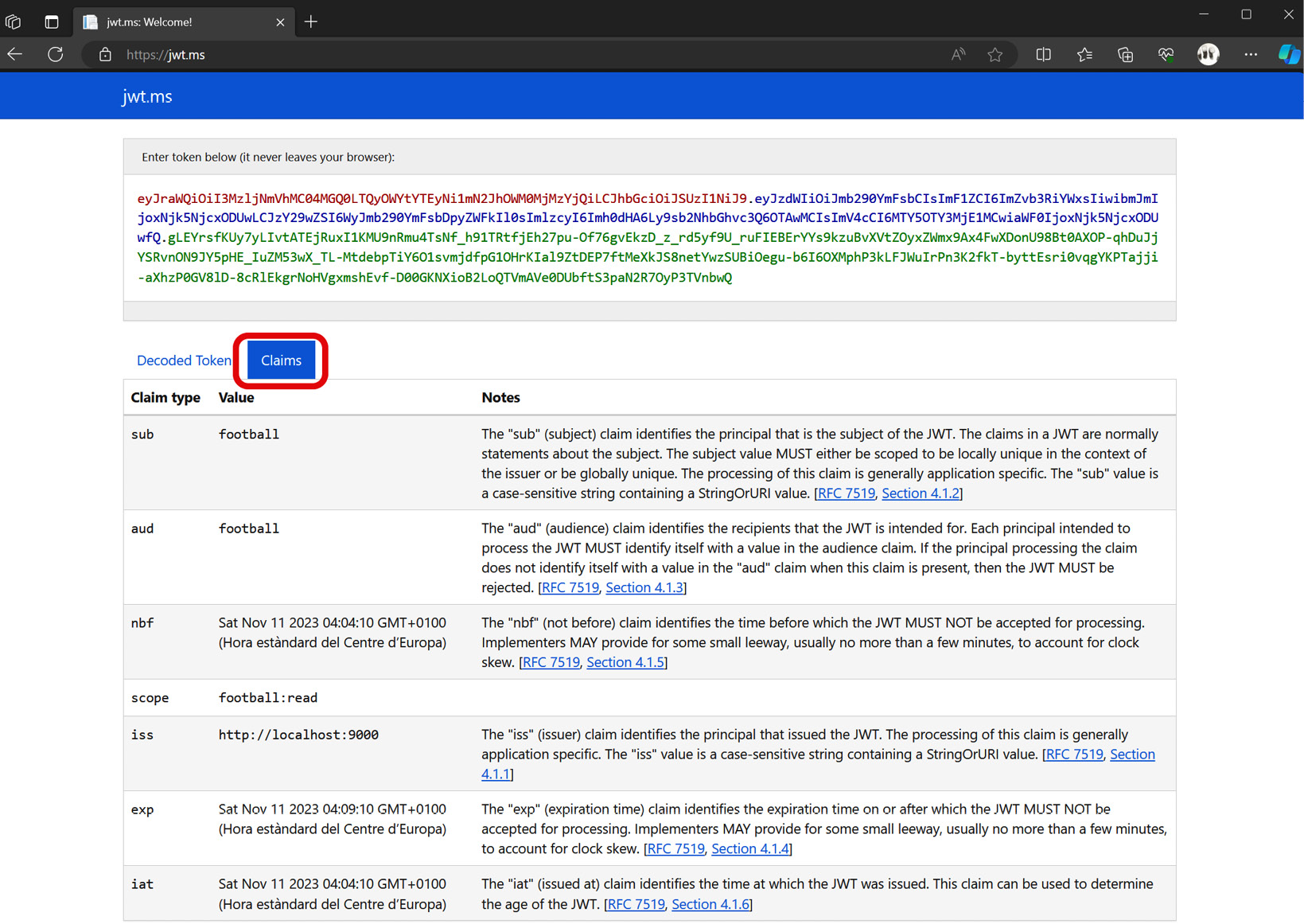 Figure 2.2: JWT token decoded in jwt.ms