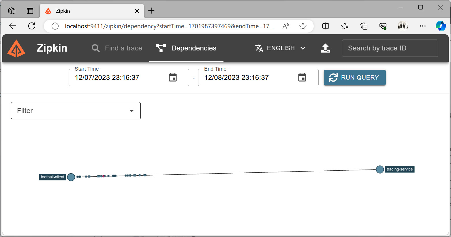 Figure 3.6: Viewing the dependencies between services in Zipkin