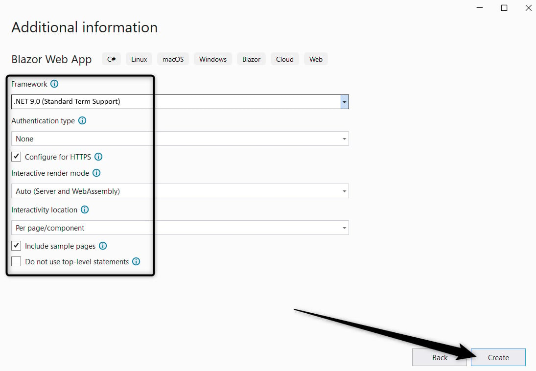 Figure 1.4: Configuring the project’s framework and interactivity