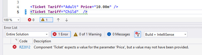 Figure 1.7: IDE flags missing the Price parameter as a compilation error