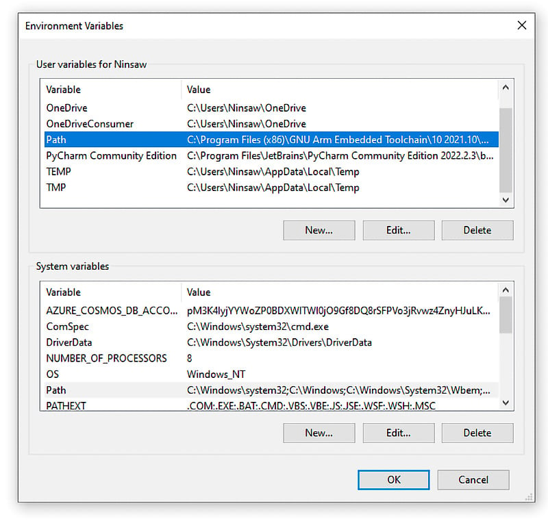 Figure 1.11: The Environment Variables popup