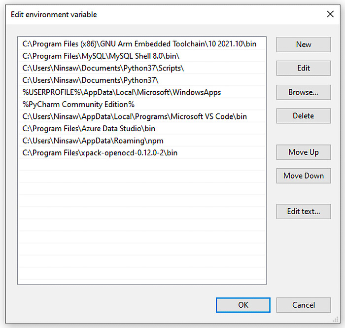 Figure 1.12: The Edit environment variable popup