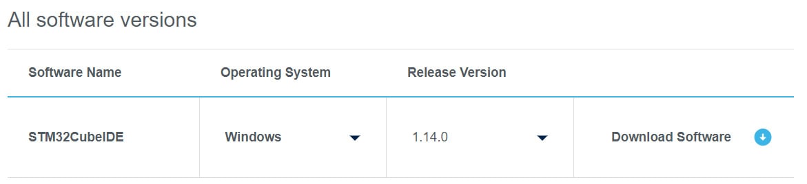 Figure 1.2: The All software versions section of the stm32cubeide page