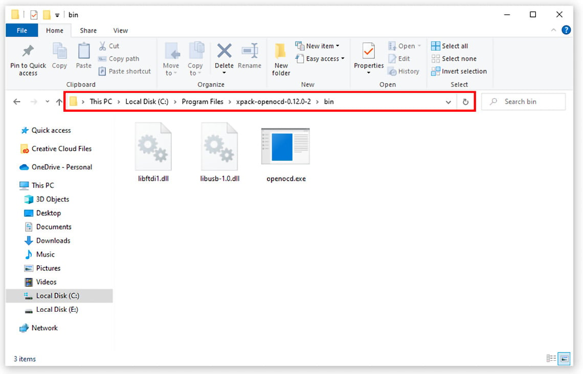 Figure 1.8: OpenOCD moved to Program Files, showing the path to the bin folder