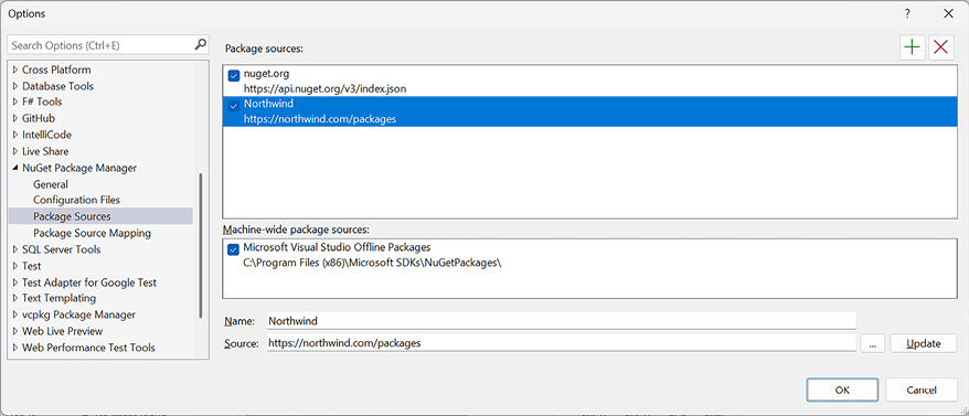 Figure 1.4: Visual Studio with two NuGet package sources configured