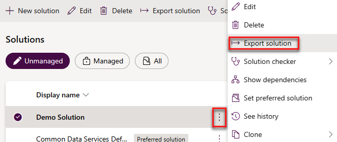 Figure 4.23: Exporting a solution via the context menu