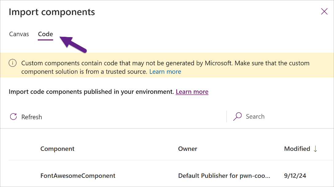 Figure 12.5: FontAwesomeComponent in the Code Component section