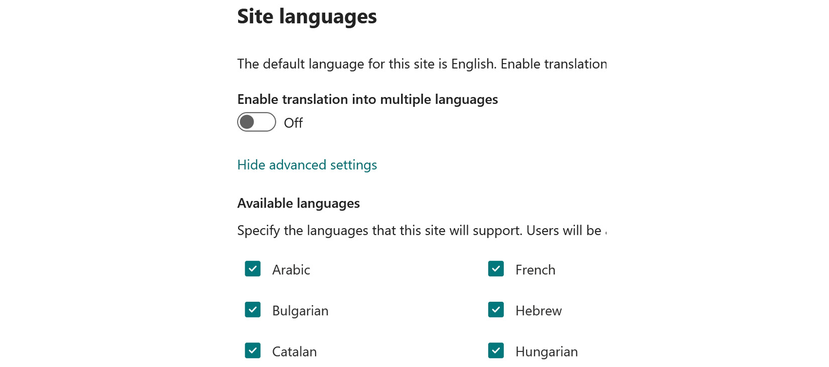 Figure 5.9 – SharePoint site supported languages