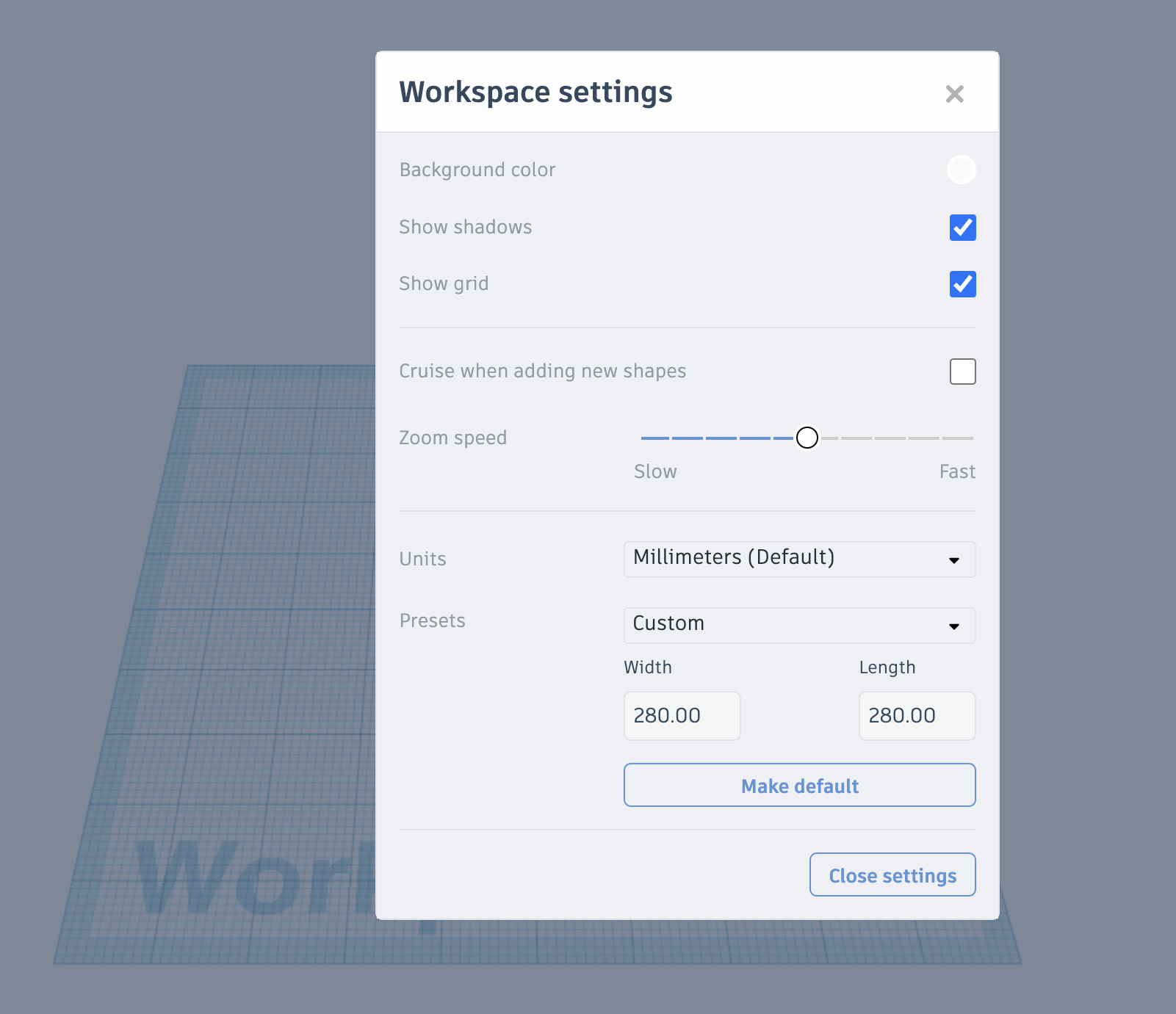 Figure 11.24: Adjusting the Workplane size in Workspace settings