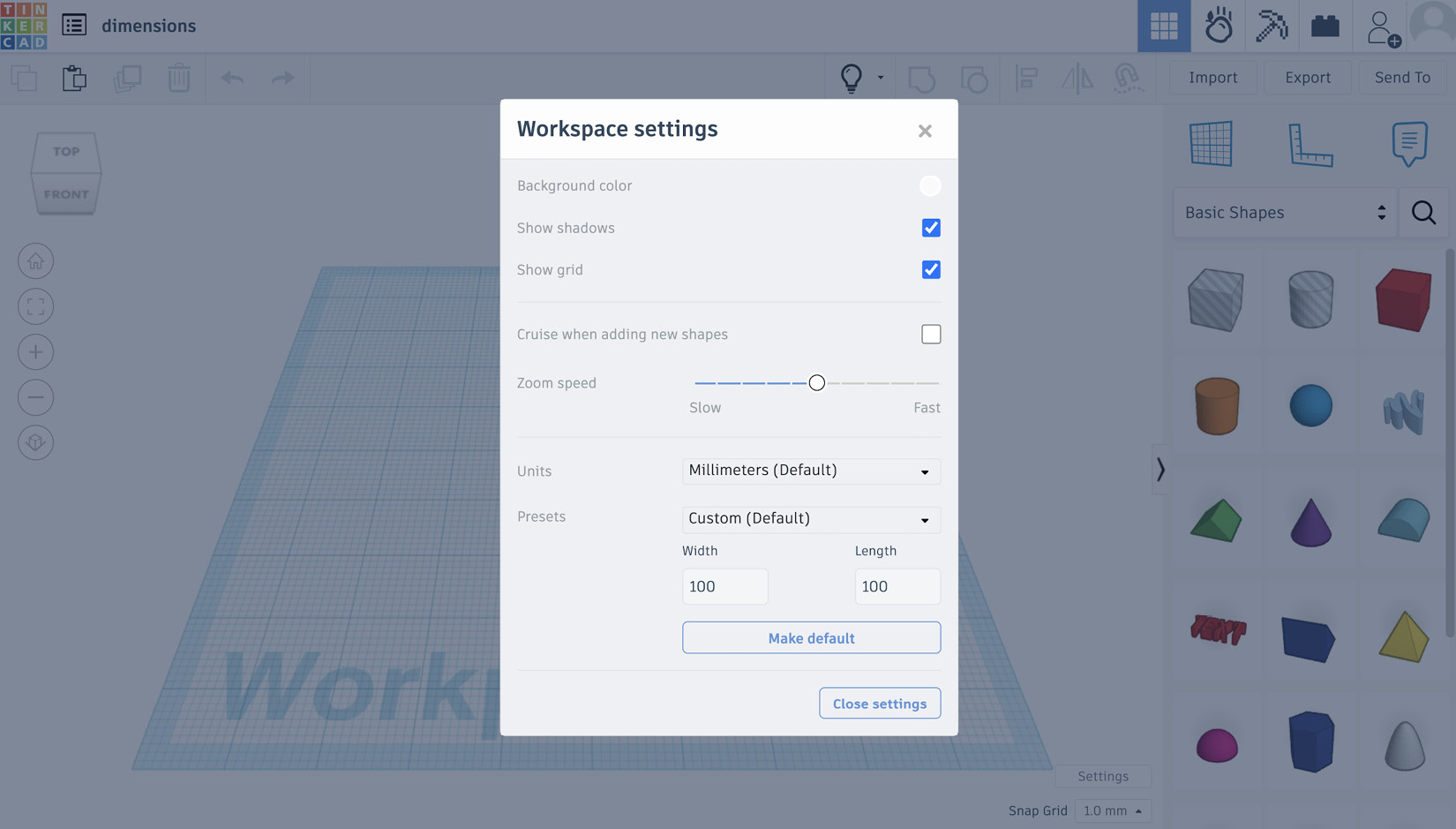 Figure 6.2: Adjusting the Workspace settings