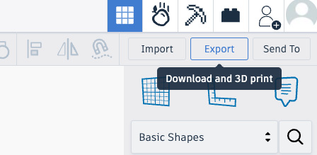 Figure 14.1: Find the export button in Tinkercad’s 3D Design space