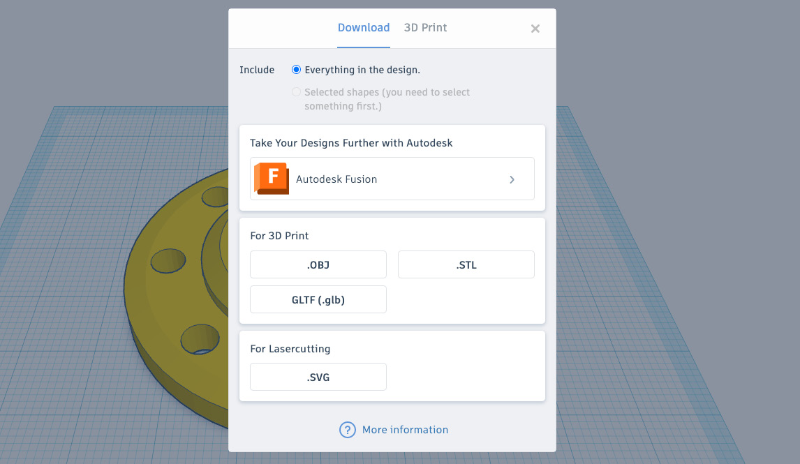 Figure 14.2: The options for exporting a design in Tinkercad