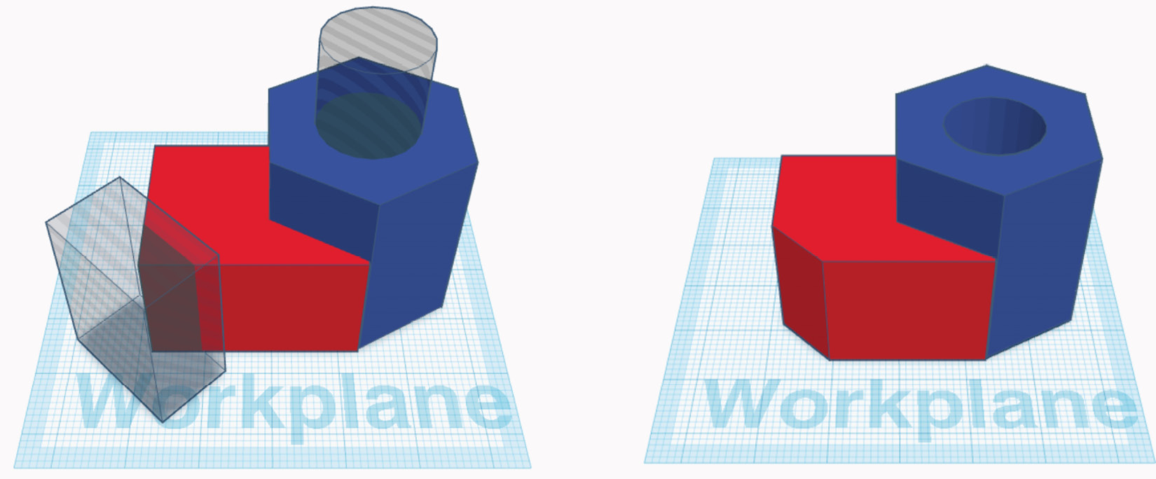 Figure 4.6: Four primitive shapes (left) are combined into a single solid shape (right) through grouping