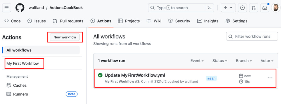 Figure 1.16 – The default view in Actions displays the latest workflow runs of all workflows