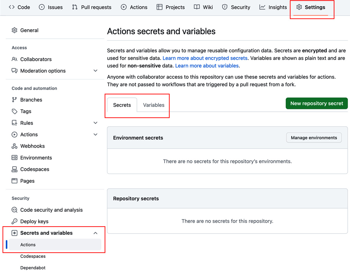 Figure 1.20 – Configuring secrets and variables for a repository