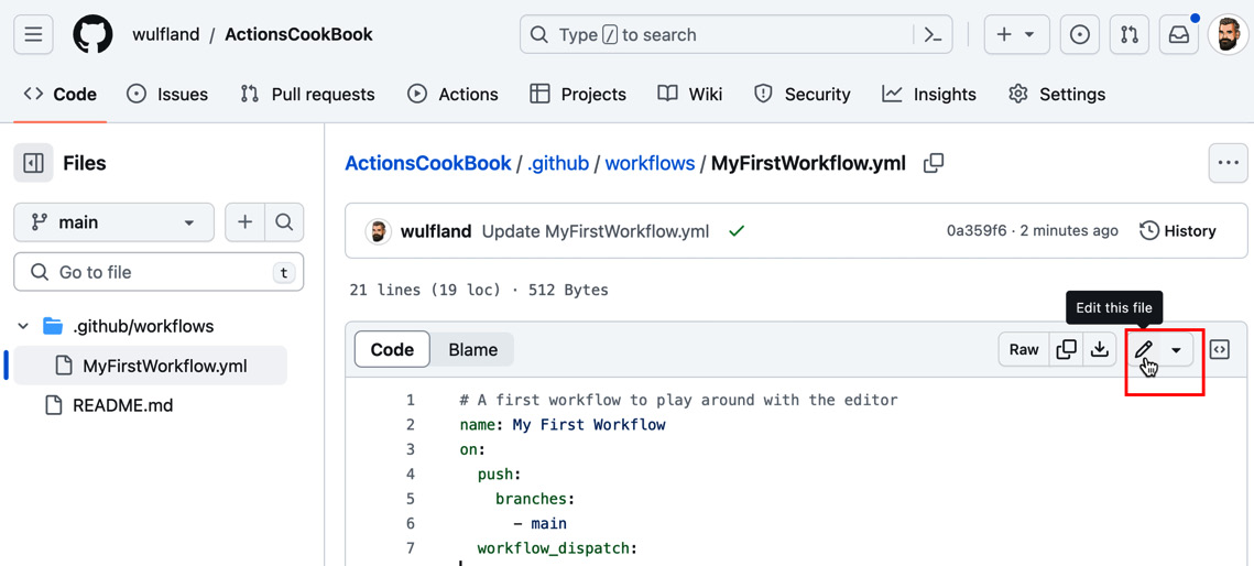 Figure 1.22 – Editing MyFirstWorkflow.yml