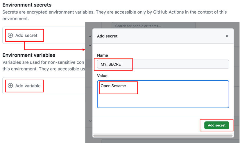 Figure 1.29 – Adding secrets and variables to environments