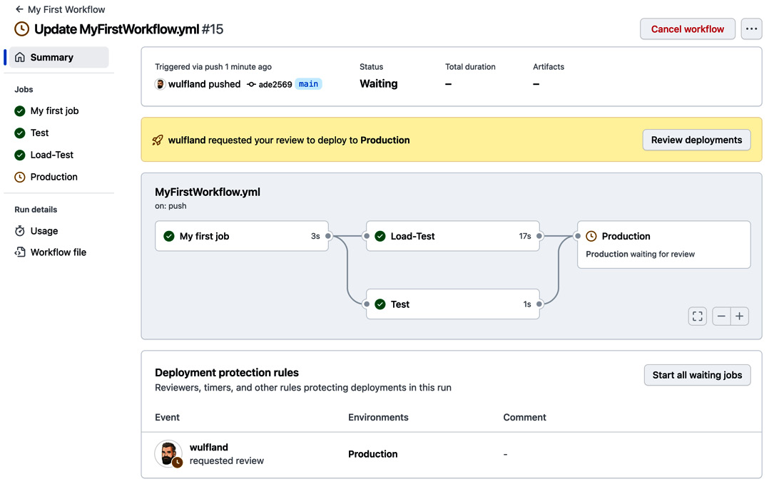 Figure 1.31 – The workflow will stop before an environment with required reviewers and wait for approval