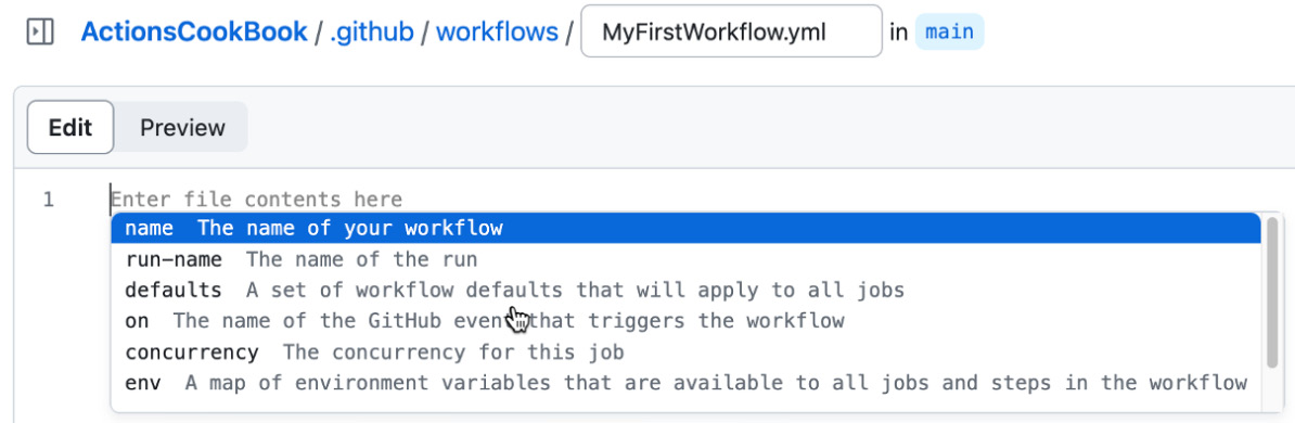 Figure 1.9 – The editor shows you all valid options at a certain level in the workflow file