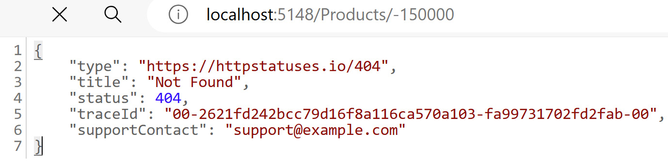 Figure 1.1 – ProblemDetails returned with traceId and supportContact