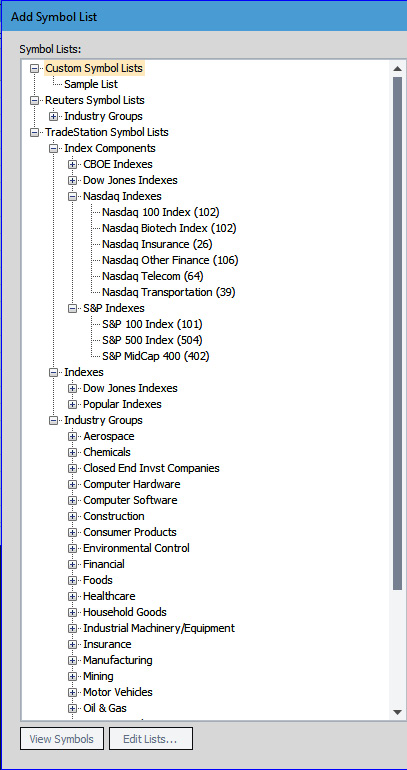 Figure 1.15 - RadarScreen—TradeStation symbol lists