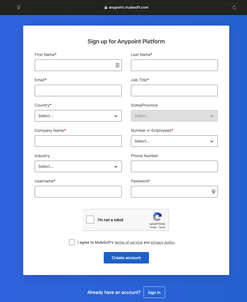 Figure 2.3 – The Anypoint Platform sign-up page