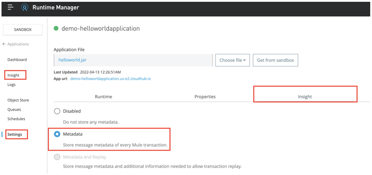 Figure 4.14: The configuration of Insights in Anypoint Platform