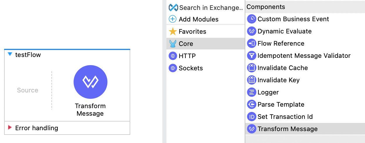 Figure 7.3: A flow with a Transform Message component in Anypoint Studio