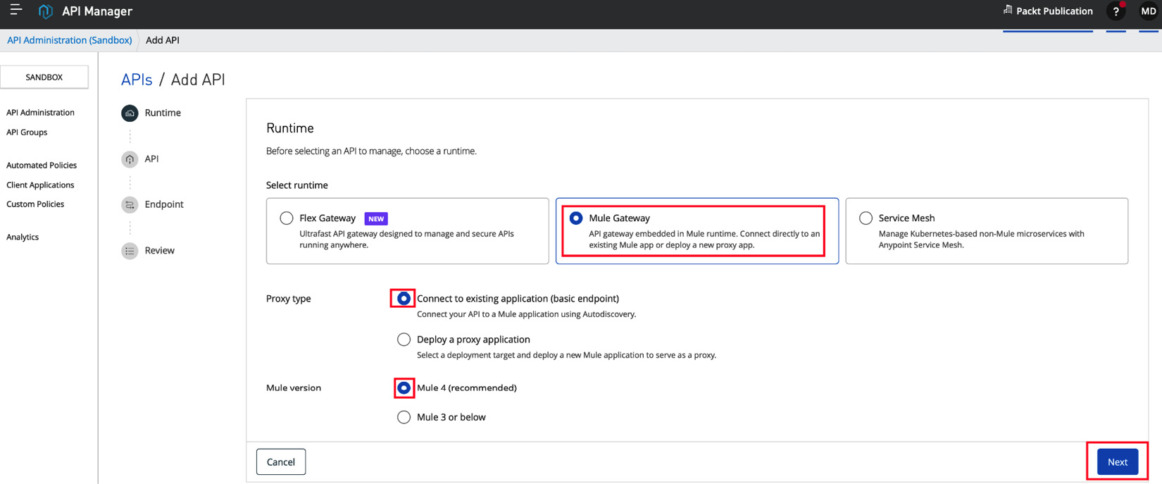 Figure 10.5 – Configuring runtime while adding the API instance
