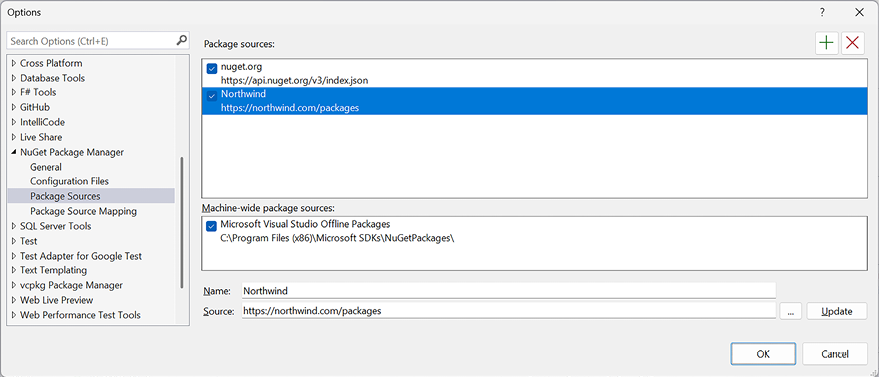 Figure 1.2: Visual Studio with two NuGet package sources configured