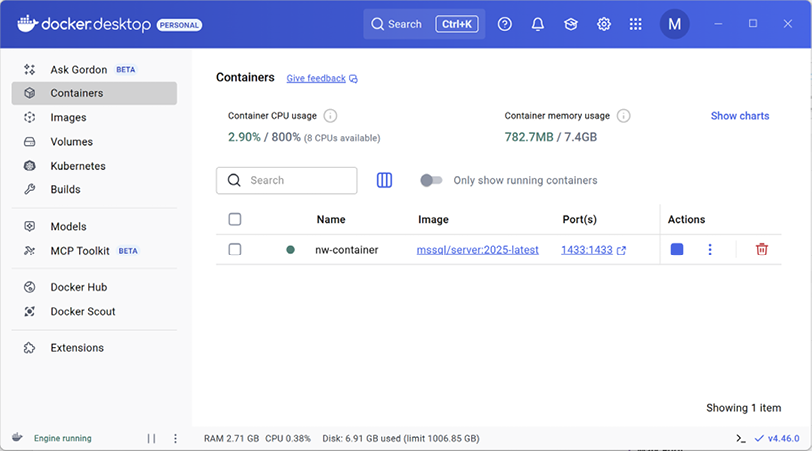 Figure 1.5: SQL Server container running in Docker Desktop on Windows