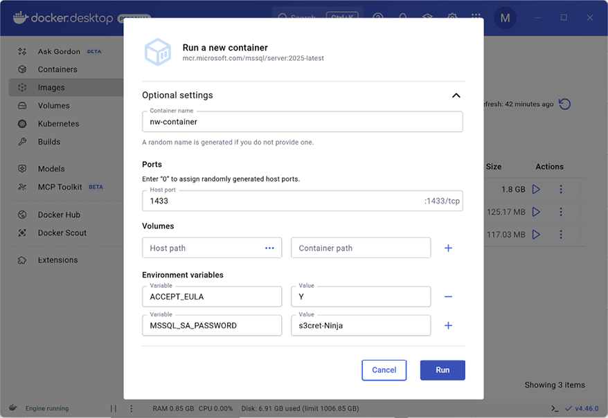 Figure 1.6: Running a container for SQL Server with the user interface