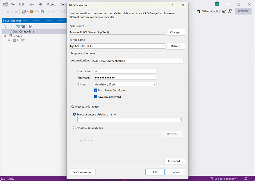 Figure 1.8: Connecting to your SQL Server in a container from Visual Studio