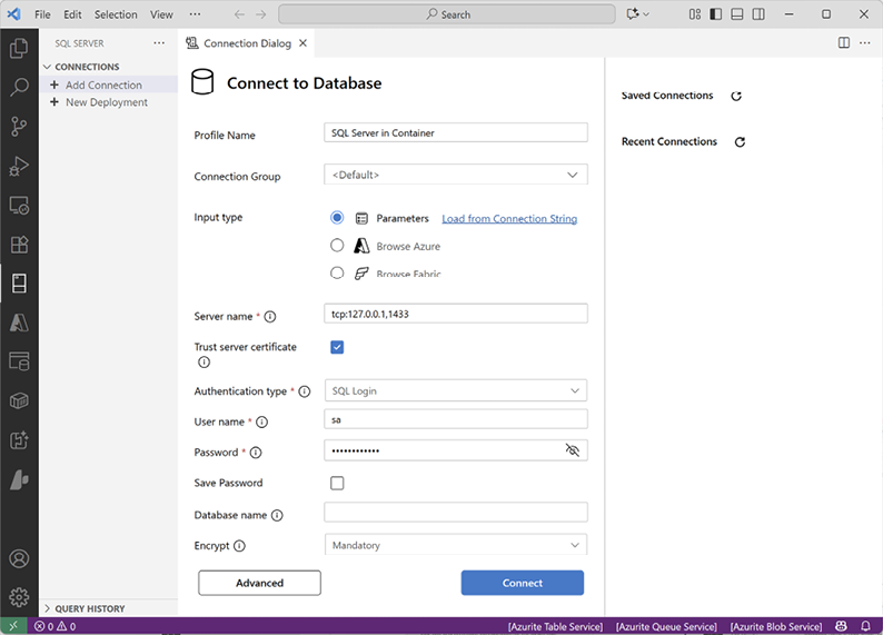 Figure 1.9: Connecting to y﻿our SQL Server in a container from VS Code