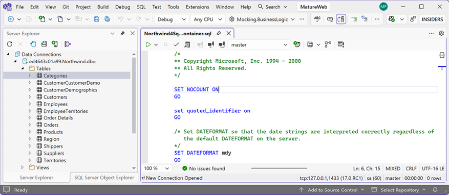 Figure 1.10: Northwind database created by SQL script in Visual Studio Server Explorer