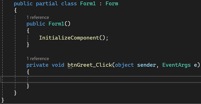 Figure 1.9 – Code editor window showing the button click method