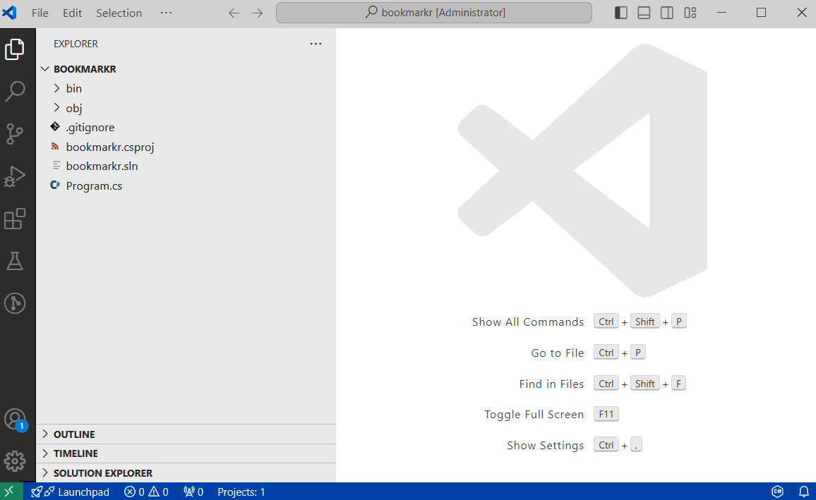 Figure 4.1 – The bookmarkr project opened in Visual Studio Code
