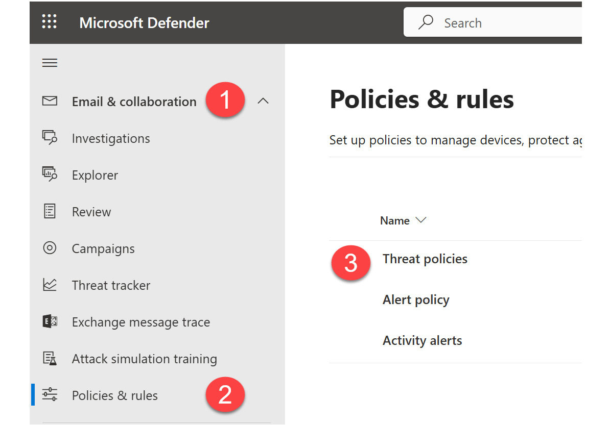 Figure 2.13: Threat policies location in Microsoft Defender