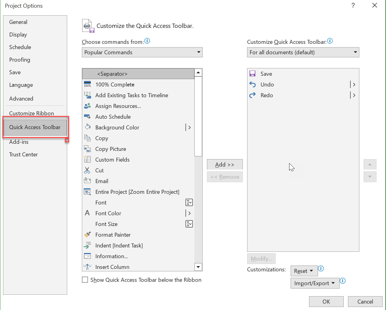 Figure 1.11: The Project Options dialog box with Quick Access Toolbar selected