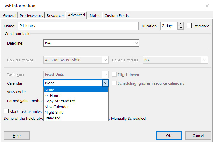 Figure 2.12: Changing the task calendar