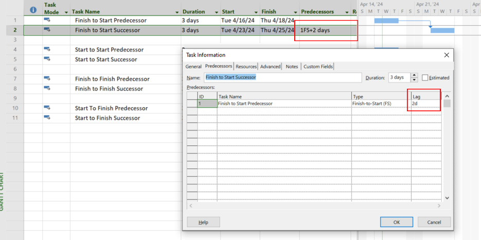 Figure 3.25: Setting lag or lead time