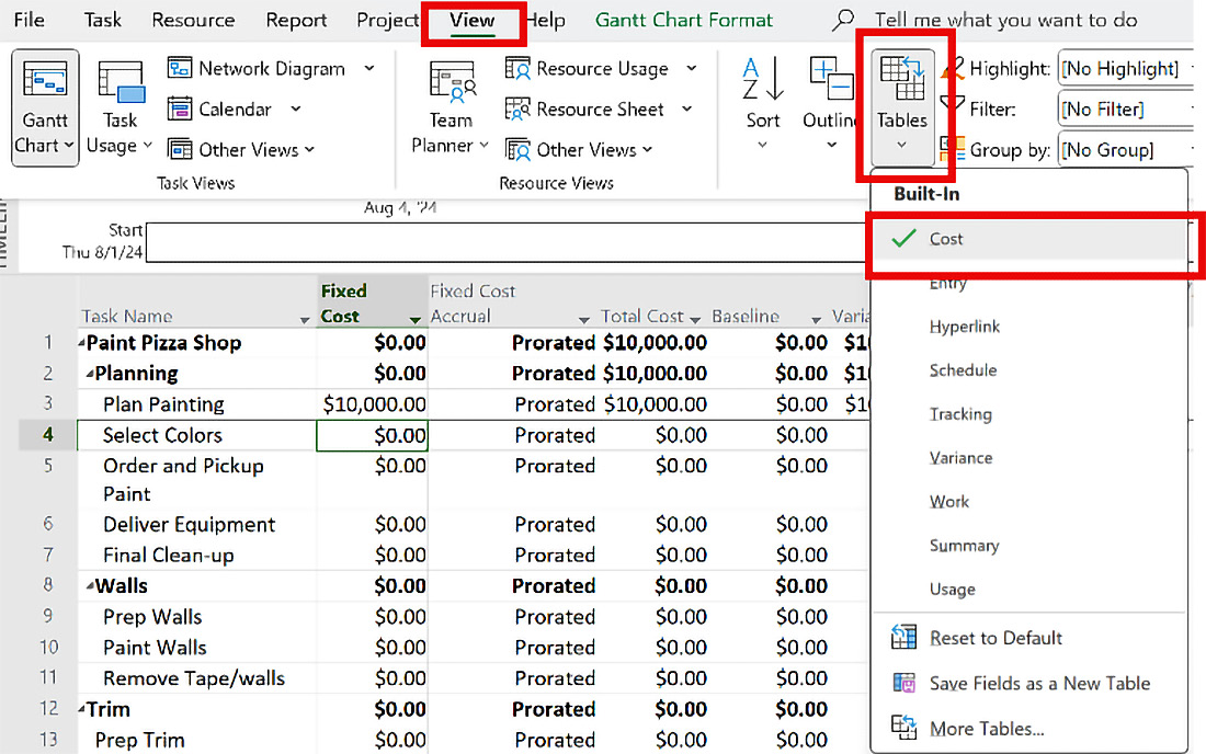 Figure 10.5: Cost table view