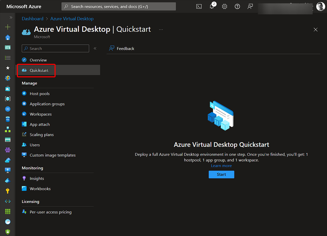 Figure 19.1 – The ﻿Quickstart tab within the Azure Virtual Desktop page of Azure