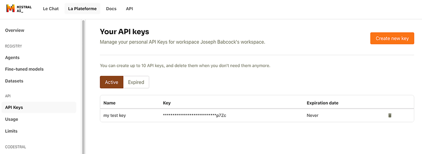 Figure 8.3: Mistral AI API key creation