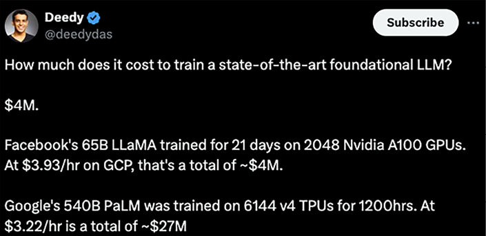 Figure 9.1: A tweet on X.com discussing the estimated cost of training LLMs like LLaMA and PaLM (source: X.com7)