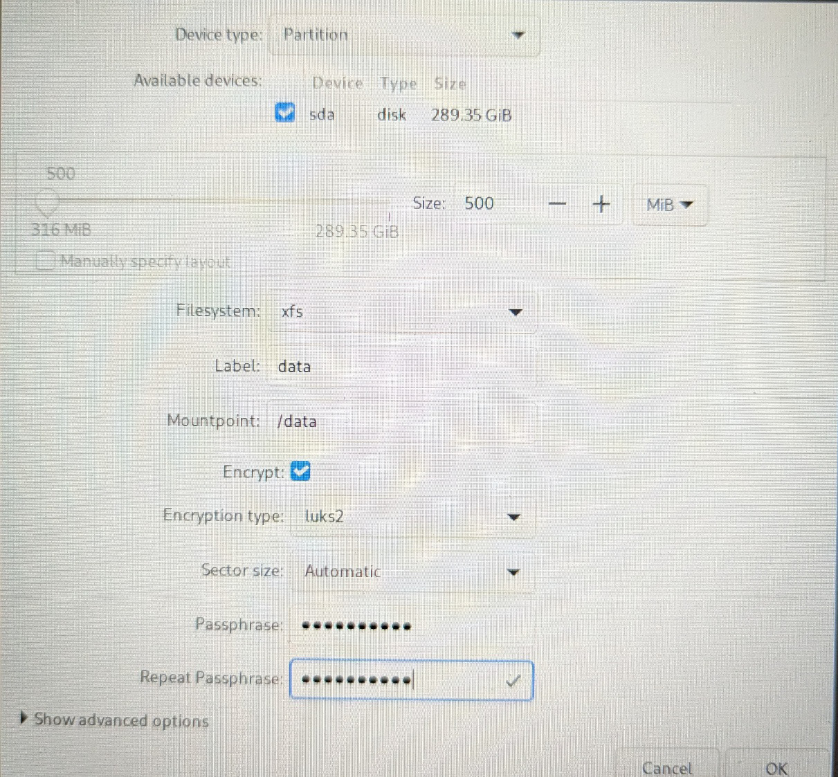 Figure 7.2 – Encrypted filesystem setup during Fedora installation