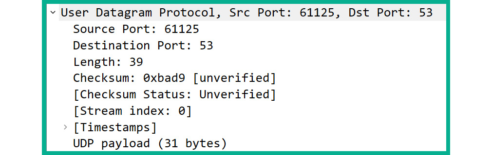 Figure 1.21: UDP header in Wireshark