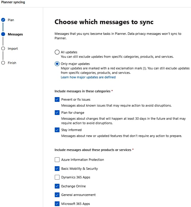 Figure 1.11 – Choosing which messages to sync to Planner