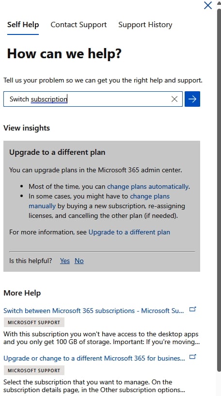 Figure 1.12 – Results for Switch subscription in Help & support